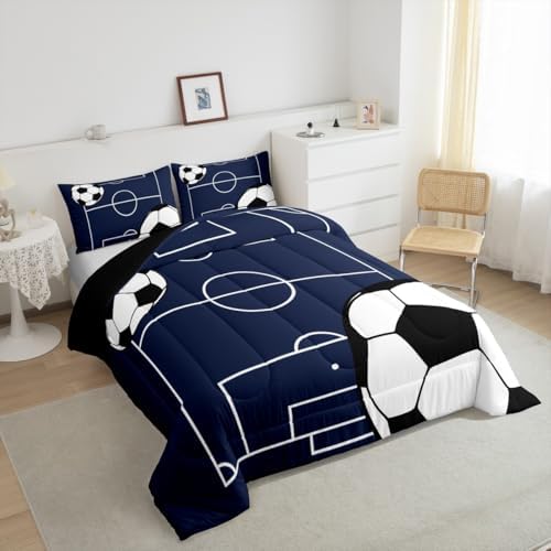 Football Boys Comforter Set, Ball Games Sports Theme Soccer Print Quilt Set for Kids Teens Gamer Room Decor, Football Court Pattern Polyester Bedding Set with 2 Pillowcases, White (King Size)