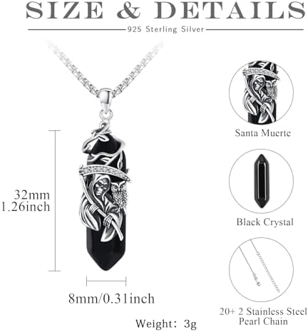 Santa Muerte Necklace for Men Sterling Silver Owl Skull Grim Reaper Pendant Heart Crystal Oxidation Skull Holy Death Scythe Aumelt Charm Necklace Jewelry Gifts for Father's Day Halloween Christmas