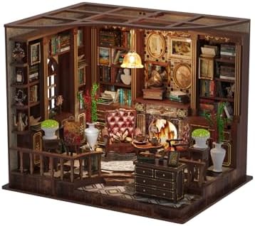 Parisian Library Book Nook DIY Kit - 3D Wooden Study Model with Touch-Sensor LED Light, Vintage Bookshelf Decor for Adults