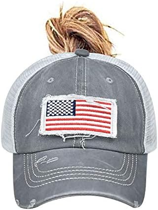 Distressed Ponytail Hat for Women American-Flag Pony Tail Caps High Bun