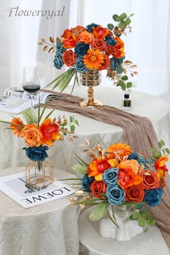 Floweroyal Artificial Flowers Combo Orange Flowers Mix Silk Flowers Fake Roses with Stems for DIY Wedding Bridal Bouquets, Baby Shower, Floral Arrangement, Table Centerpieces, Home Decorations