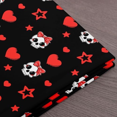 Cartoon Skull Fabric by The Yard,Halloween Skeletons Indoor Outdoor Fabric,Red Hearts Stars Bowknot Soft Polyester No Stretch Fabrics Kids Girls Sewing Lovers,Black Red 10 Yards 360"x59"