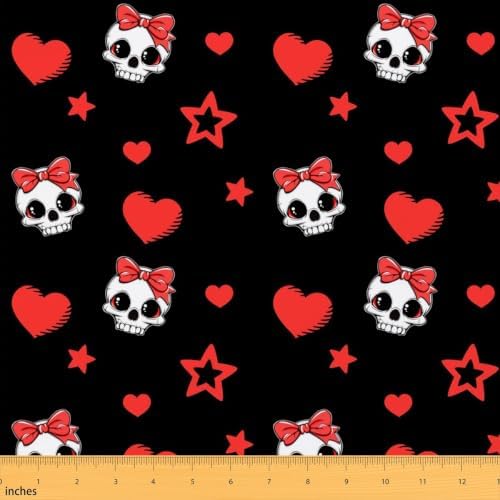 Cartoon Skull Fabric by The Yard,Halloween Skeletons Indoor Outdoor Fabric,Red Hearts Stars Bowknot Soft Polyester No Stretch Fabrics Kids Girls Sewing Lovers,Black Red 10 Yards 360"x59"