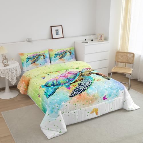 Castle Fairy Sea Turtle Comforter Set Twin Size,Watercolor Tortoise Butterfly Quilt Set for Kids Boys Bedroom Decor Xmas Gift,Girly Dreaming Style Polyester Bedding Set with 1 Pillowcase