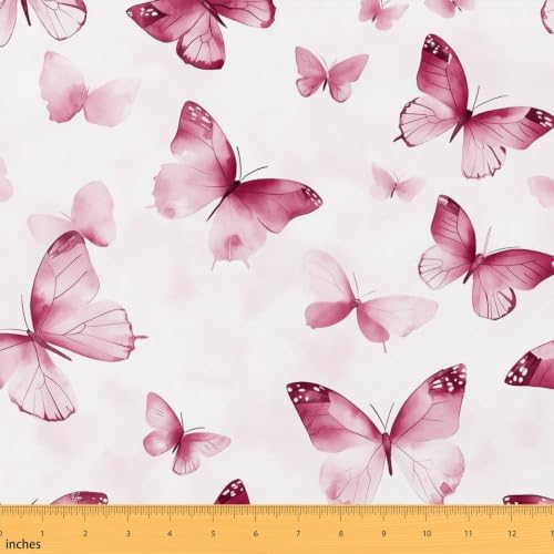 Butterfly Upholstery Fabric for Chairs Pink Butterflies Outdoor Fabric by The Yard 362"x63", Rustic Aesthetic Animal Watercolor Beetles DIY Craft Hobby Polyester Fabric