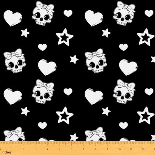 Cute Skull Fabric by The Yard,Star Love Bowknot Indoor Outdoor Fabric,Halloween Skeleton Soft Polyester No Stretch Fabrics Kids Girls Sewing Lovers,Black and White 10 Yards 360"x59"