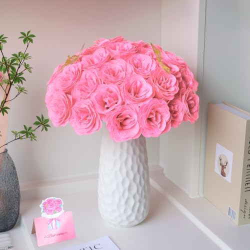 36 Pack Glitter Roses Bouquet Kit - DIY Fake Shiny Flowers with Stems Butterfly Crown Eternal Floral for Graduation Handmade Wedding Bouquet Anniversary Birthday Gift - Light Pink