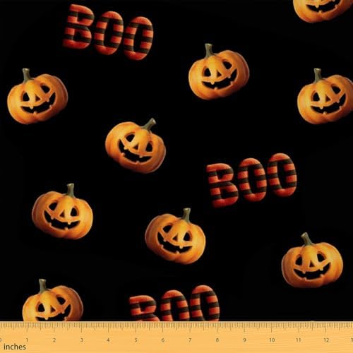 Feelyou Halloween Theme Soft Flannel Fabric by The Yard 1 Yard Kids Cute Pumpkin Lantern Upholstery Fabric for Boys Girls Teens Kawaii Black Orange for Home DIY Projects, Indoor Decor