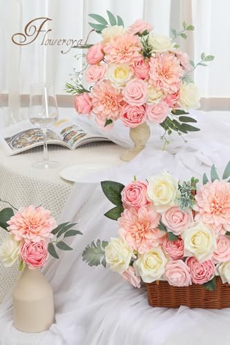 Floweroyal Pink Artificial Flowers Fake Rose Flowers Dahlia with Stems for DIY Wedding Bridal Bouquets, Baby Shower, Floral Arrangement, Table Centerpieces, Home Decorations.