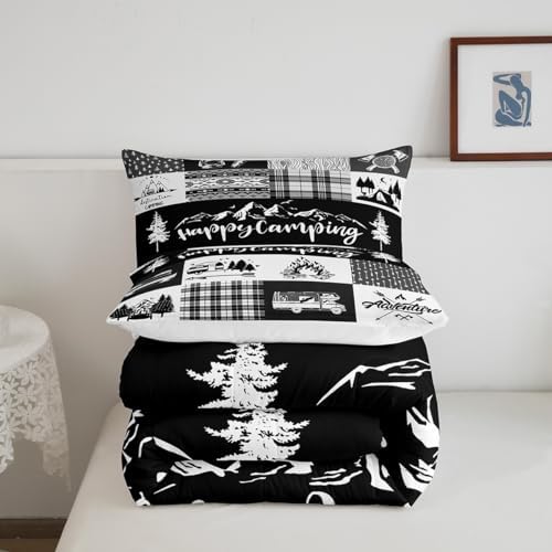 Castle Fairy Camper Adventure Comforter Set Twin Size,Happy Camping Plaid RV Inside Decor Bedding Set for Kids Boys Men,Arrow Hunt Cabin Rustic Farm Check Quilted Duvet Set with 1 Pillowcase