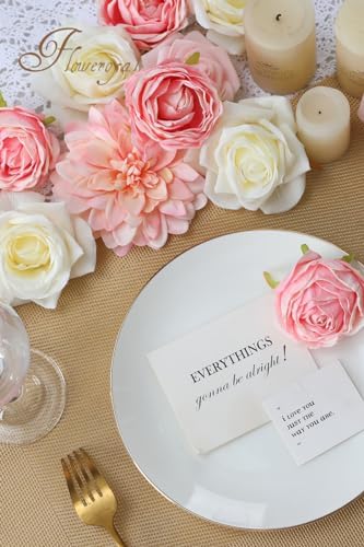 Floweroyal Pink Artificial Flowers Fake Rose Flowers Dahlia with Stems for DIY Wedding Bridal Bouquets, Baby Shower, Floral Arrangement, Table Centerpieces, Home Decorations.