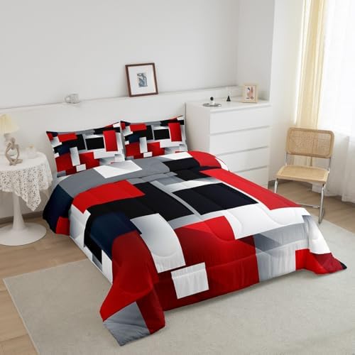 Kids 3D Geometric Comforter Set Twin Size,Red Black Grey Abstract Square Quilt Set for Kids Boys Bedroom Decor Xmas Gift,Colorful Plaid Print Polyester Bedding Set with 1 Pillowcase, 2 Piece