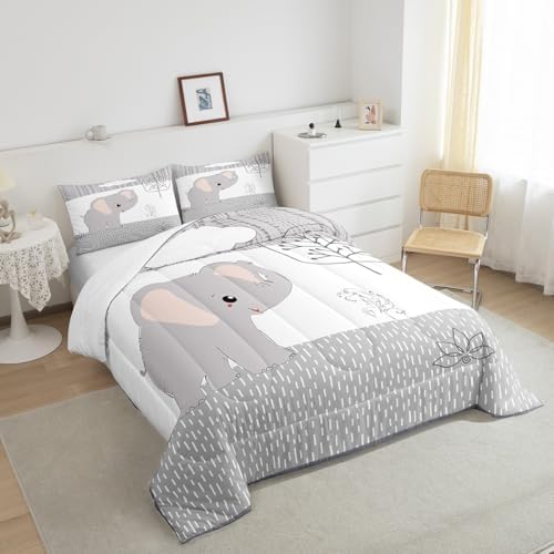 Castle Fairy Cartoon Elephant Comforter Set Twin Size,Kawaii Cute Wild Animal Quilt Set for Kids Boys Bedroom Collection,Grey White Tree Cloud Flower Soft Bedding Set with 1 Pillowcase