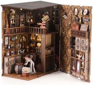 Magic Academy Book Nook Kit with LED Lights - 3D Wooden DIY Miniature Library for Bookshelf Decor, Gift for Harry Potter Fans