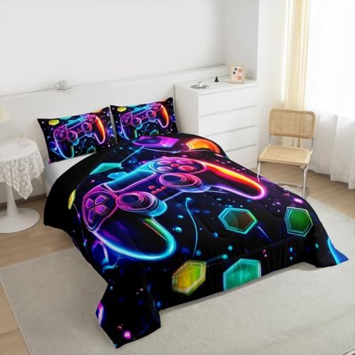 Castle Fairy Boys Gaming Reversible Comforter Set Full Size,Video Games Gamepad Print Bedding Set Gamer Room Decor,Space Galaxy Glow Neon Hexagon Duvet Set with 2 Pillowcases,Polyester (Purple Blue)