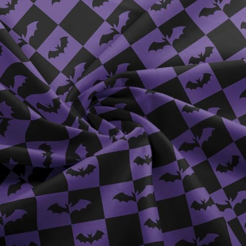 Happy Halloween Fabric by The Yard Bats Animal Silhouette Soft Polyester Sewing Fabric Black Purple Checkered No Stretch Durable Material for DIY Art Craft Making 2 Yard Bolt,72" L x 59" W