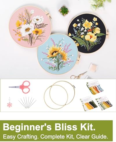 Santune 3 Pack Flower Embroidery Kit for Beginners Adults Cross Stitch Needlepoint Kits Hand Craft with Plant Patterns,3 Instructions,1 Hoop,Threads and 6 Needles