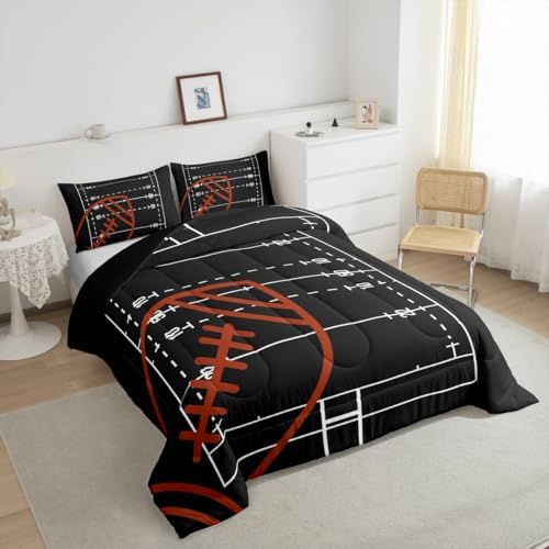 Castle Fairy American Football Field Bedding Comforters King Size,Boys Ball Sports Games Themed Polyester Quilt Set for Bedroom,Brown Rugby Gloves Sporting Equipment Comforter Set with 2 Pillowcases