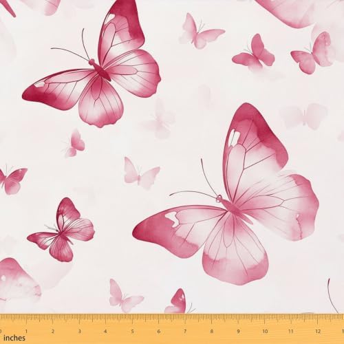 Pink Butterfly Upholstery Fabric for Chairs Pink Butterflies Outdoor Fabric by The Yard 36"x63", Rustic Aesthetic Animal Watercolor Beetles Landscape Fabric