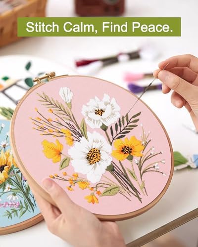 Santune 3 Pack Flower Embroidery Kit for Beginners Adults Cross Stitch Needlepoint Kits Hand Craft with Plant Patterns,3 Instructions,1 Hoop,Threads and 6 Needles