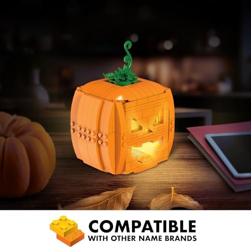 Brickcraft Brick O’-Lantern Building Kit, 233 Pieces | Halloween Pumpkin Decoration with 3 Interchangeable Faces & 2 Flickering Light Bricks | DIY Fall & Thanksgiving Jack-O’-Lantern Gift, Ages 8+