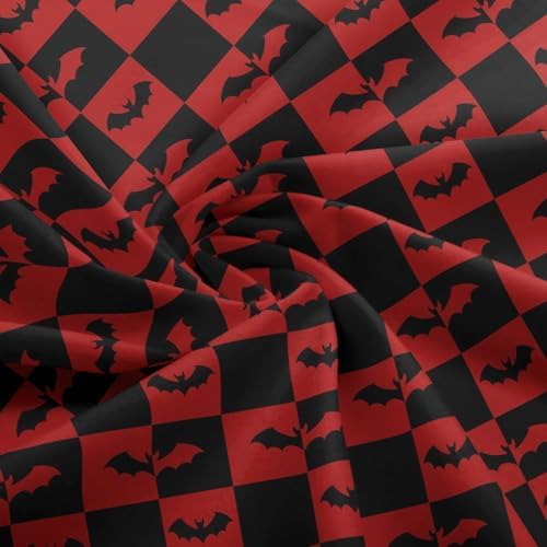 Bats Silhouette Fabric by The Yard Halloween Theme Animal Soft Polyester Sewing Fabric Black Red Checkered No Stretch Durable Material for DIY Art Craft Making 3 Yard Bolt,108" L x 59" W