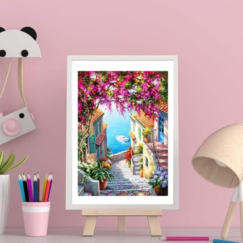 MIRCVSH Landscape Paint by Numbers for Adults with Framed Canvas-with Wooden Easel,Paint by Number on Canvas,DIY Acrylic Oil Painting Kits with Brushes Nice Gift Box for Home Wall Decor(12x16 Inch)