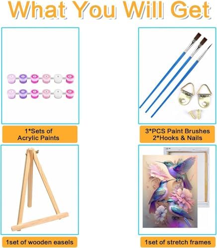 MIRCVSH Paint by Numbers Kit for Adults Framed,Hummingbird Paint by Number for Adults Beginner,Adults' Paint-by-Number Kits on Canvas with Wooden Easel for Home Wall Decor 12X16 Inch