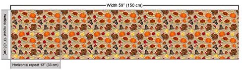 Lunarable Thanksgiving Fabric by The Yard, Happy November Holiday Pattern Cartoon Festivity on Retro Polka Dots, Decorative Fabric for Upholstery and Home Accents, 1 Yard, Black Brown