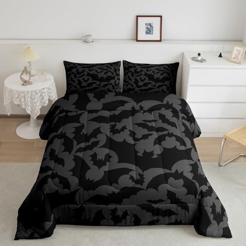 Castle Fairy Halloween Themed Comforter Set Twin Size,Black Bats Animal Print Bedding Set for Kids Boys Men,Dark Grey Color Quilted Duvet Set with 1 Pillowcase