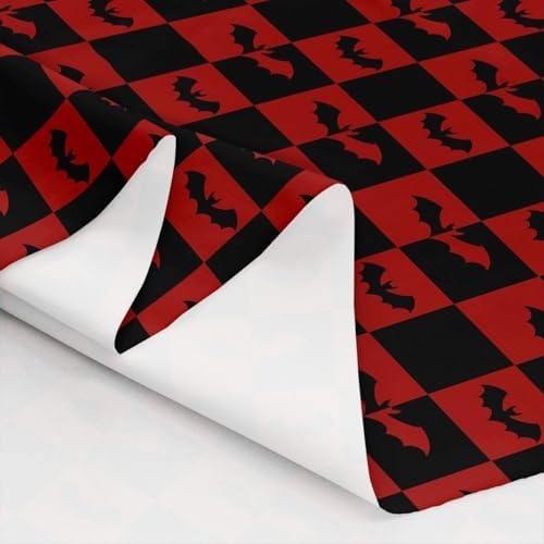 Bats Silhouette Fabric by The Yard Halloween Theme Animal Soft Polyester Sewing Fabric Black Red Checkered No Stretch Durable Material for DIY Art Craft Making 5 Yard Bolt,180" L x 59" W