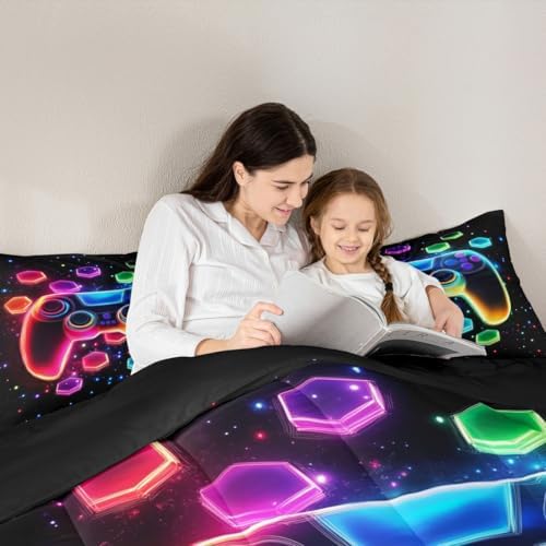 Game Consoles Kids Boys Reversible Comforter Set Twin Size,Gaming Bedding Sets Gamer Room Decor Gifts Galaxy 3D Neon Honeycomb Video Games Polyester Quilt Set,1 Pillowcase (Red Green Blue)