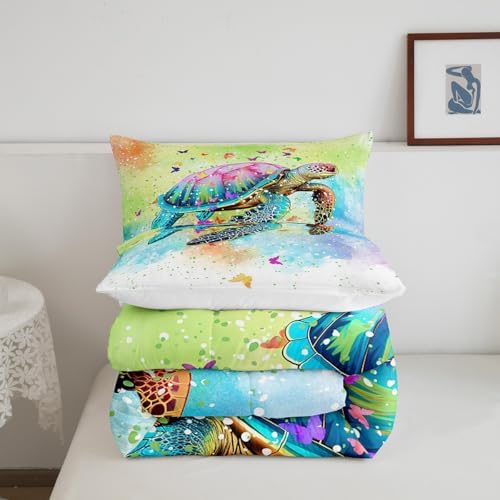 Castle Fairy Sea Turtle Comforter Set Queen Size,Watercolor Tortoise Butterfly Bedding Gift for Children Adult Xmas Present,Girly Dreaming Style Polyester Quilt Set with 2 Pillowcases
