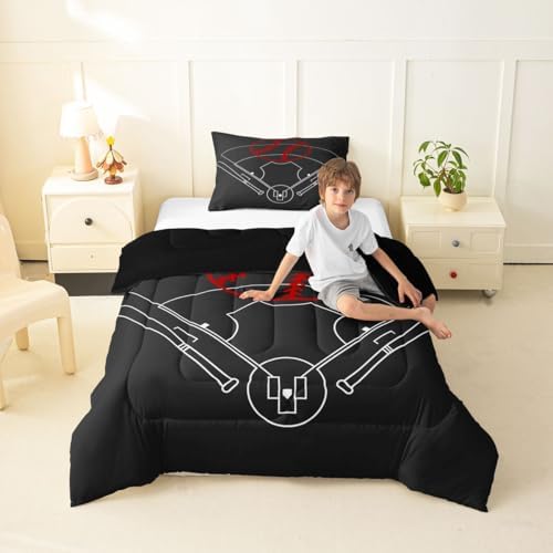 Baseball Field Print Comforter Set Twin Size,Boys Ball Sports Games Themed Quilt Set for Kids Boys Bedroom Collection,Red Baseball Bat Sporting Equipment Soft Bedding Set with 1 Pillowcase