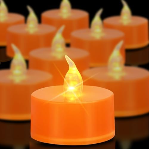 Tea Lights Battery Operated Candles LED Tea Lights Flameless Candles 200+ Hours Flickering Fake Tealights for Sweetest Day Wedding Home Decorations Party (Orange Base, 12 Pack)