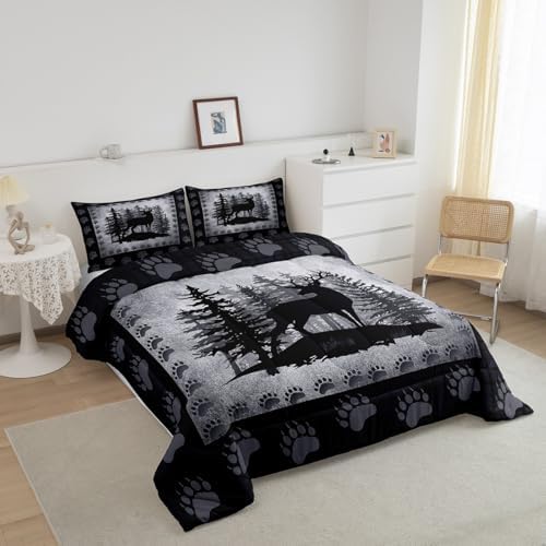 Rustic Deer Full Size Kids Comforter Set,Wild Animal Hunting Lodge Decor Bedding Comforters Bear Paw Print Bedroom Collection,Retro Farmhouse Pine Trees Grid Plaid Bedding Set for Boys Teens