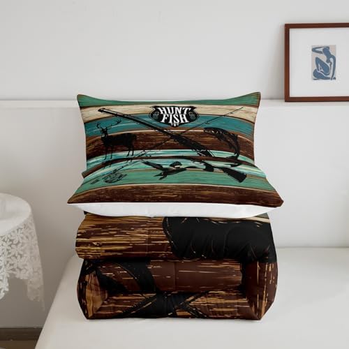 Castle Fairy Kids Wild Animal Hunting Comforter Set Twin Size,Hunt Fish Themed Retro Bedding Comforters Bedroom Decor,Farmhouse Rustic Wooden Board Microfiber Duvet Set for Kids Teens,2 Pcs