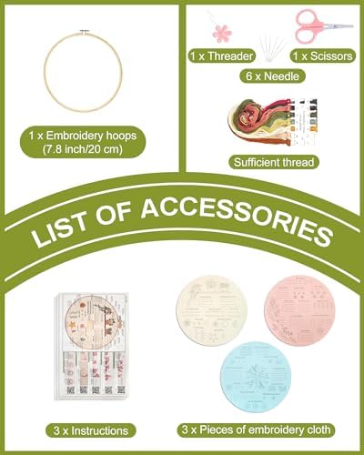 Santune 3 Sets Embroidery Kit for Beginners Adults,Learn Over 30 Different Stitches,DIY Cross Stitch Kits,Including Clear Instructions,Video Tutorials,Stamped Flower Patterns,Hoop,Color Threads,Tools