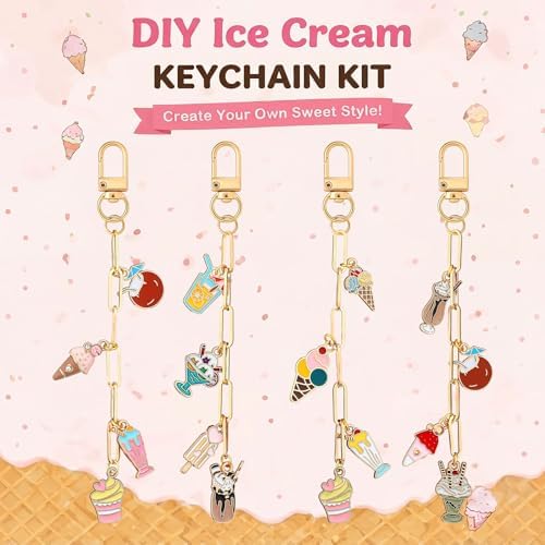 Tondiamo 266 Pcs Ice Cream Party Favor DIY Keychain Making Kit Summer Party Charm Jewelry Making Craft with 120 Charm 20 Keychain Clips 120 Jump Ring 25 Extender Chain Plier for Women Gift