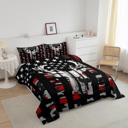 American Flag Queen Comforter Set,Red Camouflage Grey Antlers and Leaves Down Comforter for Man Adult,Camo Hunting Deer Animal Camping Bedding Set Stars Stripes USA Flag Quilt,Farmhouse Style
