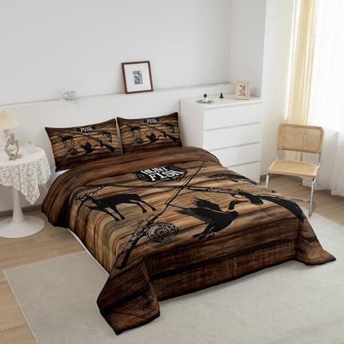 Retro Hunt Fish Bedding Comforters Queen Size,Retro Farm Wooden Board Comforter Set with 2 Pillowcases,Deer Bird Fish Animal Hunting 3pcs Children Adult Duvet Set,Soft