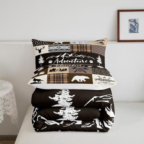 Castle Fairy Hunting Adventure Comforter Set King Size,Deer Bear Wolf Rustic Farmhouse Bedding Set All Season Quilt Set,Exotic Aztec Boho Tribal Brown Check Microfiber Polyester Down Comforter