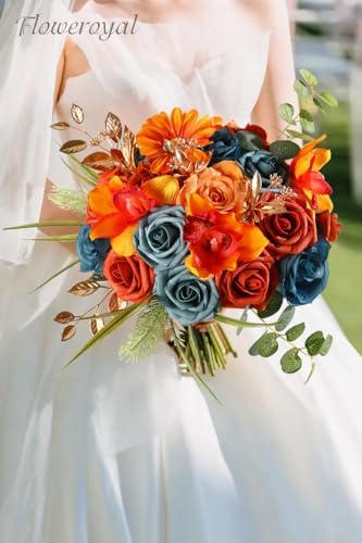Floweroyal Artificial Flowers Combo Orange Flowers Mix Silk Flowers Fake Roses with Stems for DIY Wedding Bridal Bouquets, Baby Shower, Floral Arrangement, Table Centerpieces, Home Decorations