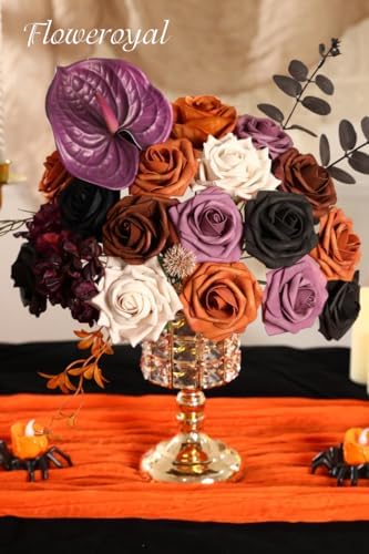 Floweroyal Halloween Artificial Flowers Black Flowers Mix Silk Flowers Fake Roses with Stems for DIY Wedding Bridal Bouquets, Baby Shower, Floral Arrangement, Table Centerpieces, Home Decorations