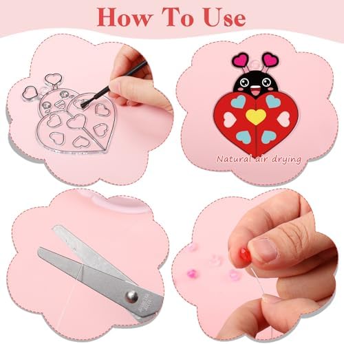 Dunzoom 30 Pack Valentine's Day Suncatcher Craft Kits for Classroom Exchange - DIY Pink Heart Paint Art Set - Bulk Valentines Party Favors Gifts, Non-Candy Activity, Window Ornaments Decor