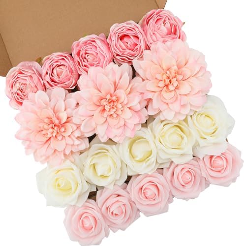 Floweroyal Pink Artificial Flowers Fake Rose Flowers Dahlia with Stems for DIY Wedding Bridal Bouquets, Baby Shower, Floral Arrangement, Table Centerpieces, Home Decorations.