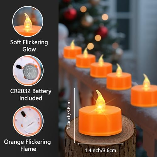 Tea Lights Battery Operated Candles LED Tea Lights Flameless Candles 200+ Hours Flickering Fake Tealights for Sweetest Day Wedding Home Decorations Party (Orange Base, 12 Pack)