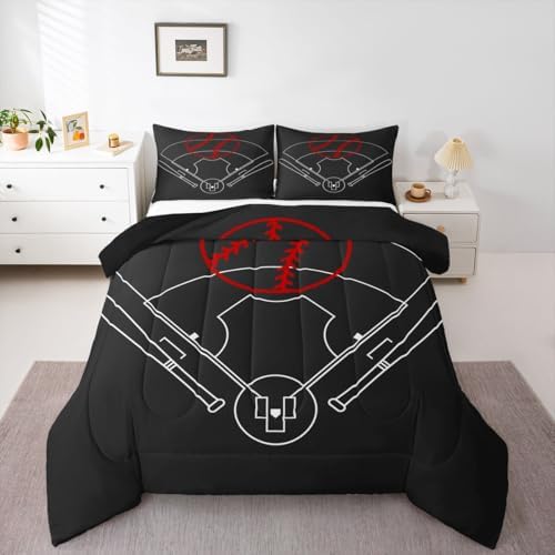 Baseball Field Print Bedding Comforters Queen Size,Boys Ball Sports Games Themed Comforter Set with 2 Pillowcases,Red Baseball Bat Sporting Equipment 3pcs Children Adult Polyester Duvet Set