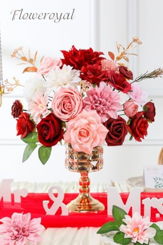 Floweroyal Artificial Flowers Combo Red Flowers Mix Silk Flowers Dahlia Roses with Stems for DIY Wedding Bridal Bouquets, Baby Shower, Floral Arrangement, Table Centerpieces, Home Decorations.