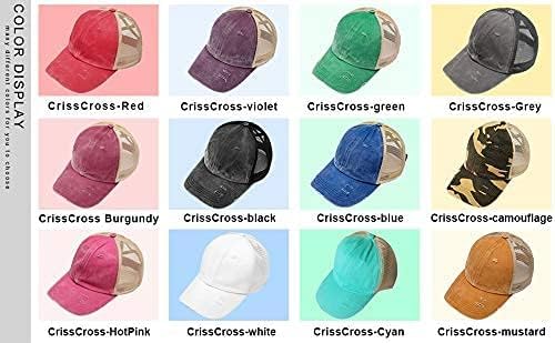 Criss Cross Hat Washed Distressed Baseball Cap Ponytail Hat High Messy Bun Ponycap for Women